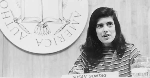 Black and white photo of Susan Sontag