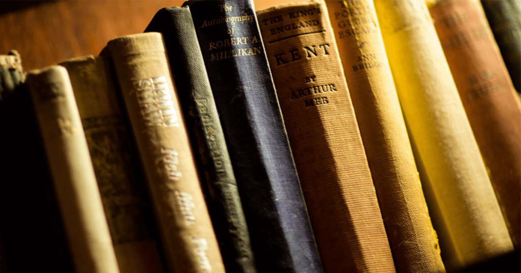 Close-up shot of clothbound old books