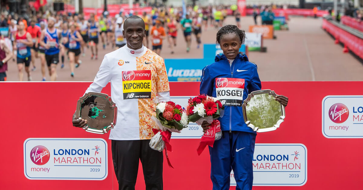 Eliud Kipchoge and Brigid Kosgei after winning their respective races at the 2019 London Marathon on April 28, 2019 (Richard Washbrooke/Xinhua/Alamy)
