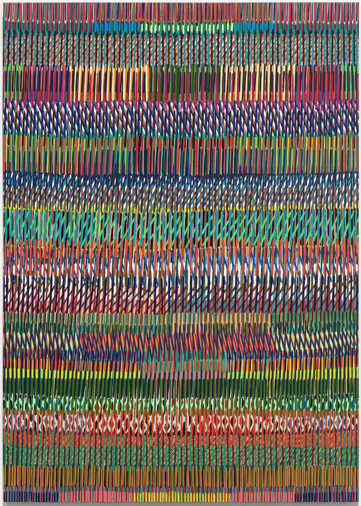 <em>Channels and Signals</em>, 2018, acrylic on canvas, 84 X 60 inches. Courtesy of the artist and Sherry Leedy Contemporary Art; photo by E.G. Schempf.