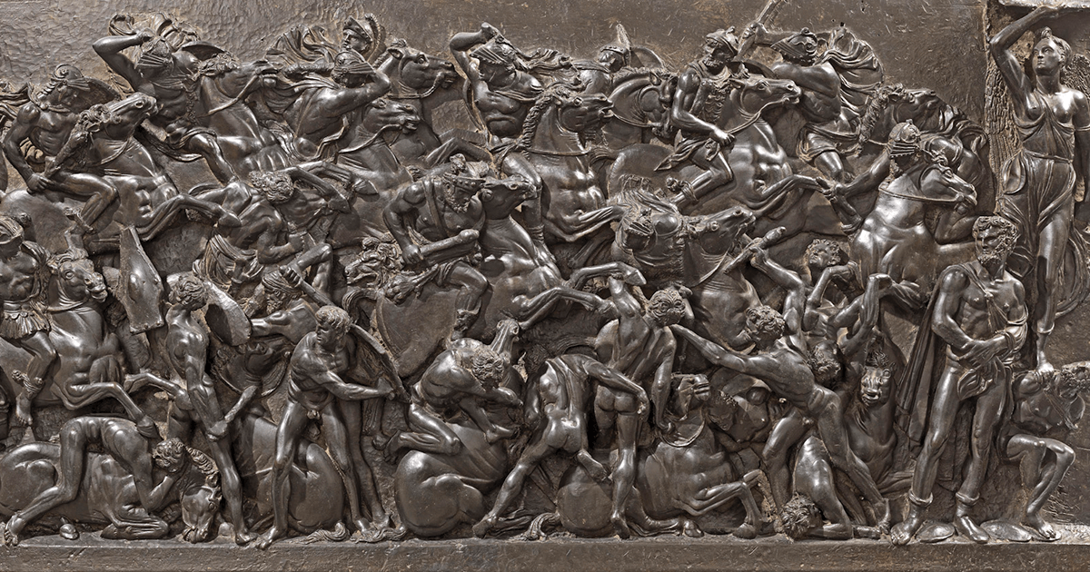 Bertoldo's largest bronze is a depiction of Roman soldiers battling barbarians-a chaotic swirl of humans and horses. (Museo Nazionale del Bargello, Florence)