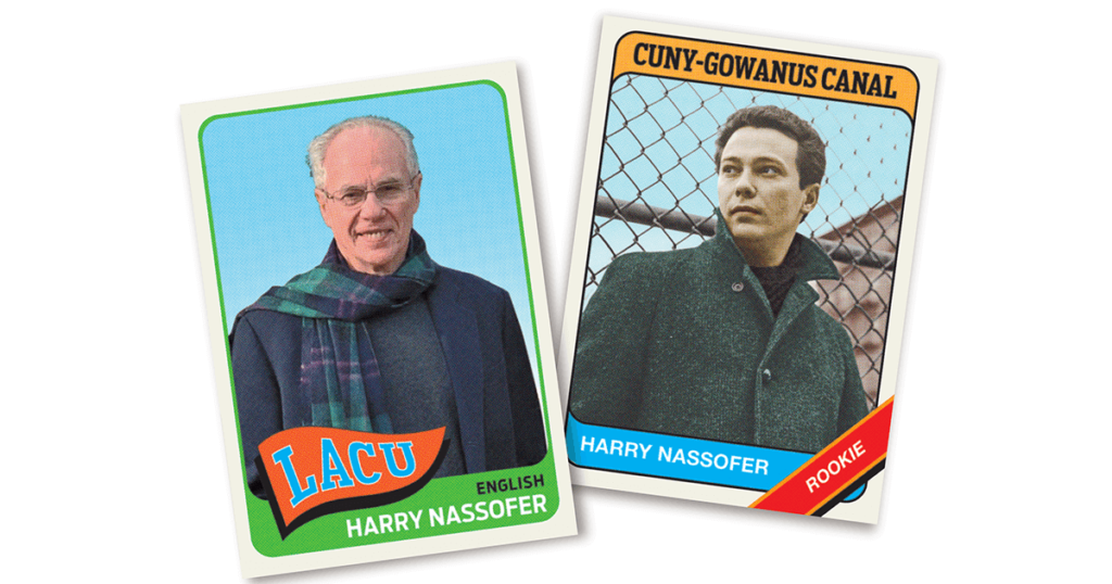 Two trading cards of the author as an old and a young man