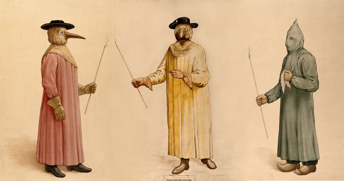 17th- and 18th-century watercolors of physicians wearing plague preventive costumes (Iconographic Collections/Wellcome Trust/Wikimedia Commons)