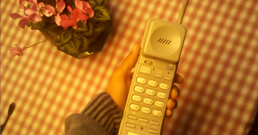 A hand holds a cordless landline telephone over a gingham table with a pot of flowers