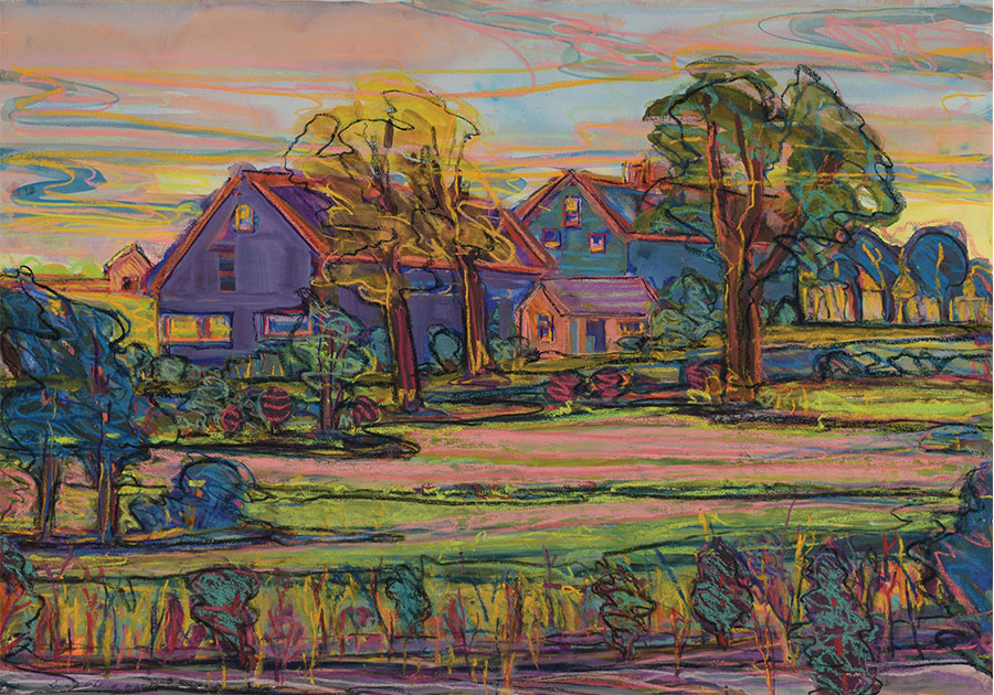 <em>The Neighbors Farm After Wolf Kahn</em> by Susan P. Puelz (watercolor and pastel, 36" x 48", 2018)