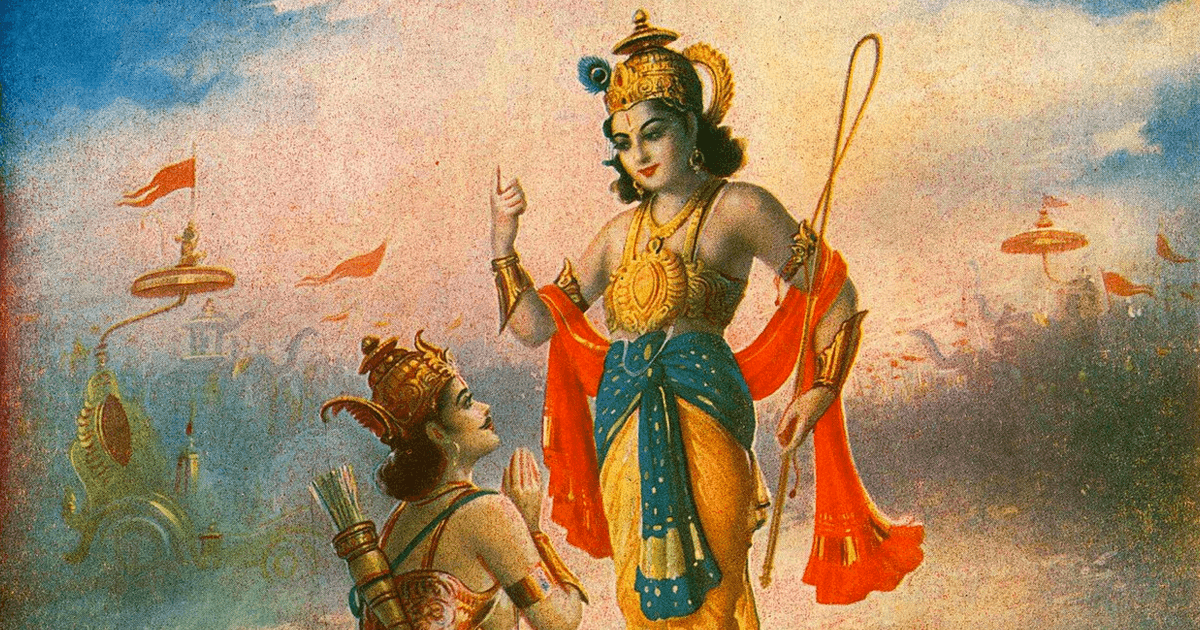 An illustration of the dialogue between Krishna and Arjuna (Wikimedia Commons)