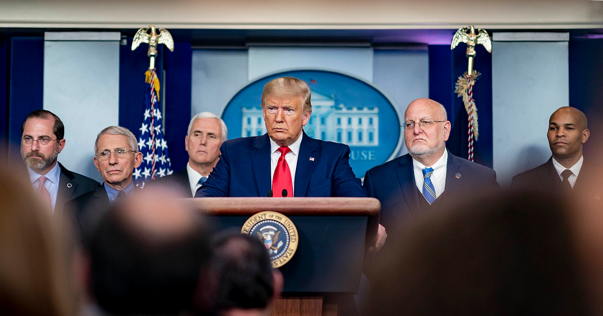 President Trump takes questions during a Coronavirus Task Force briefing, February 29, 2020 (The White House/Wikimedia Commons)