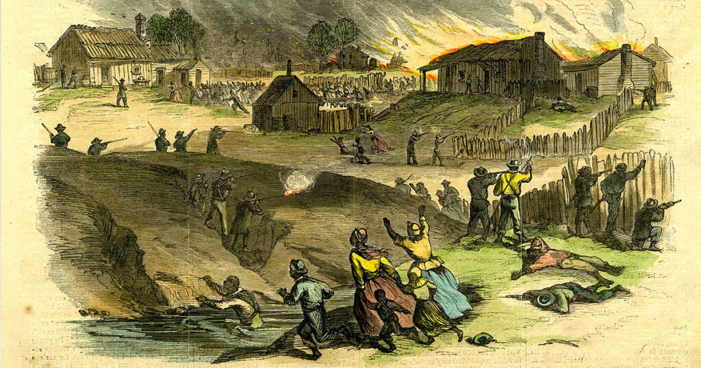 An illustration in the May 26,1866 issue of <em>Harper's Weekly</em> of the Memphis massacre of 1866, in which mobs of white residents and policemen rampaged through black neighborhoods, committing murder, rape, robbery, and arson (Wikimedia Commons)