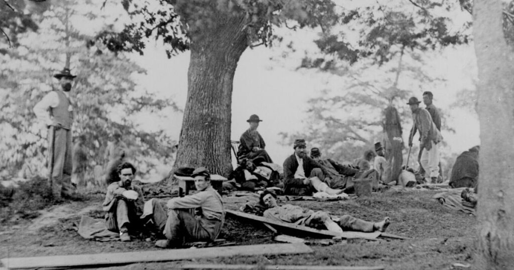 Wounded Union soldiers following the Battle of Spotsylvania (National Archives/Wikimedia Commons)
