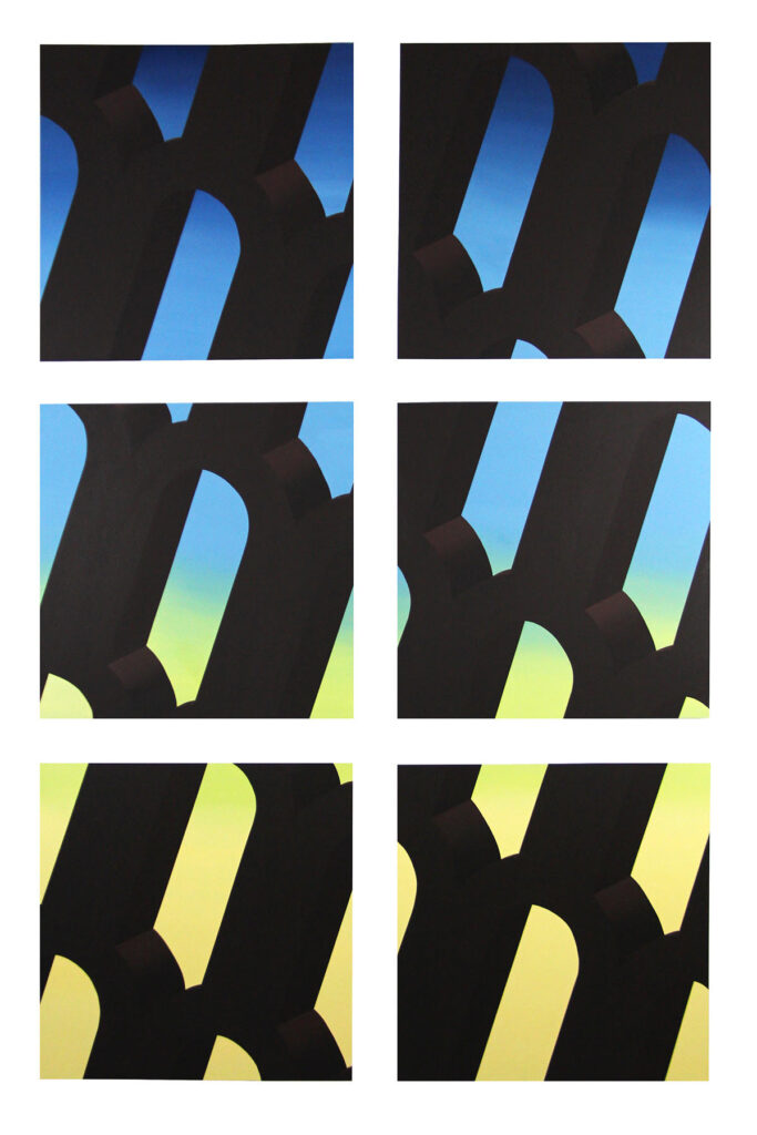 <em>It's Okay, I've Compartmentalized U</em>, acrylic and Flashe on 6 individual panels, 50 x 75 in. (23 x 23 in. each), 2019