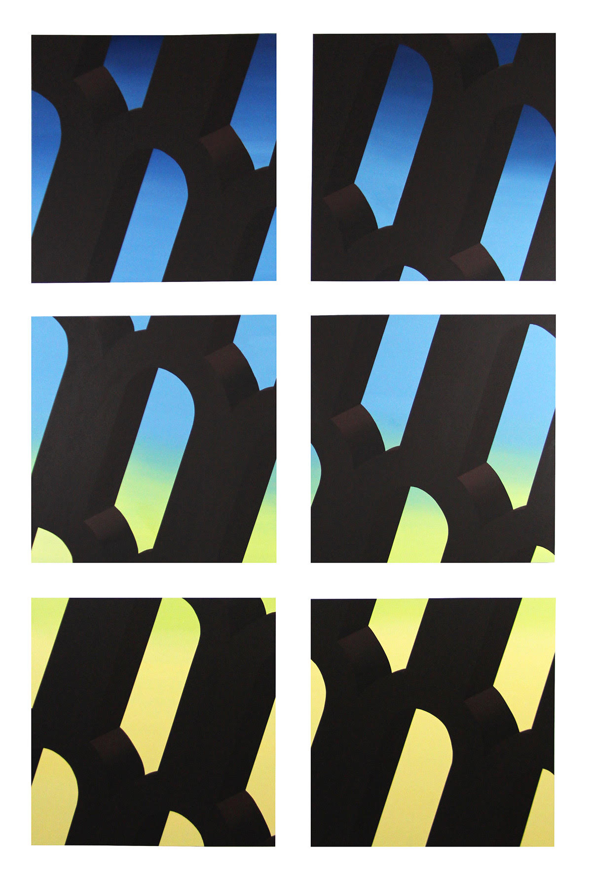 It's Okay, I've Compartmentalized U, acrylic and Flashe on 6 individual panels, 50 x 75 in. (23 x 23 in. each), 2019