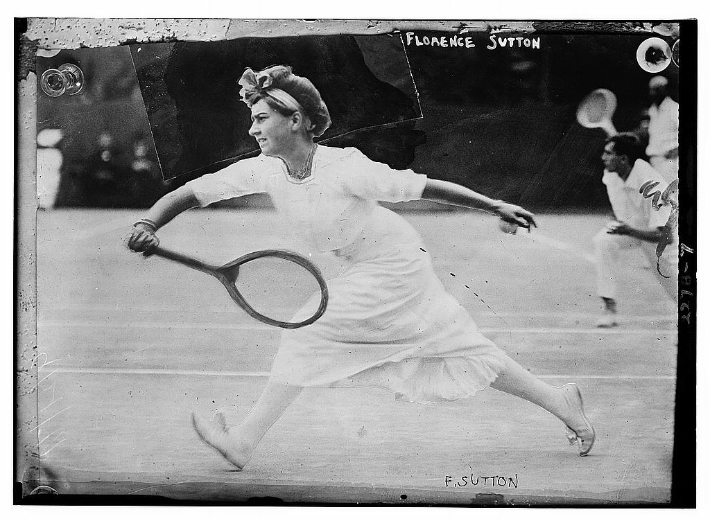 Growing up in Southern California, Florence Sutton—shown here at the 1911 U. S. Tennis Finals, in Newport, Rhode Island—and her two sisters all played competitive tennis. Tennis outfits became less restrictive and fashionable after 1920, when Suzanne Lenglen appeared in the short-sleeved, below-the-knee dress created exclusively for her by the French designer Jean Patou. (Library of Congress)