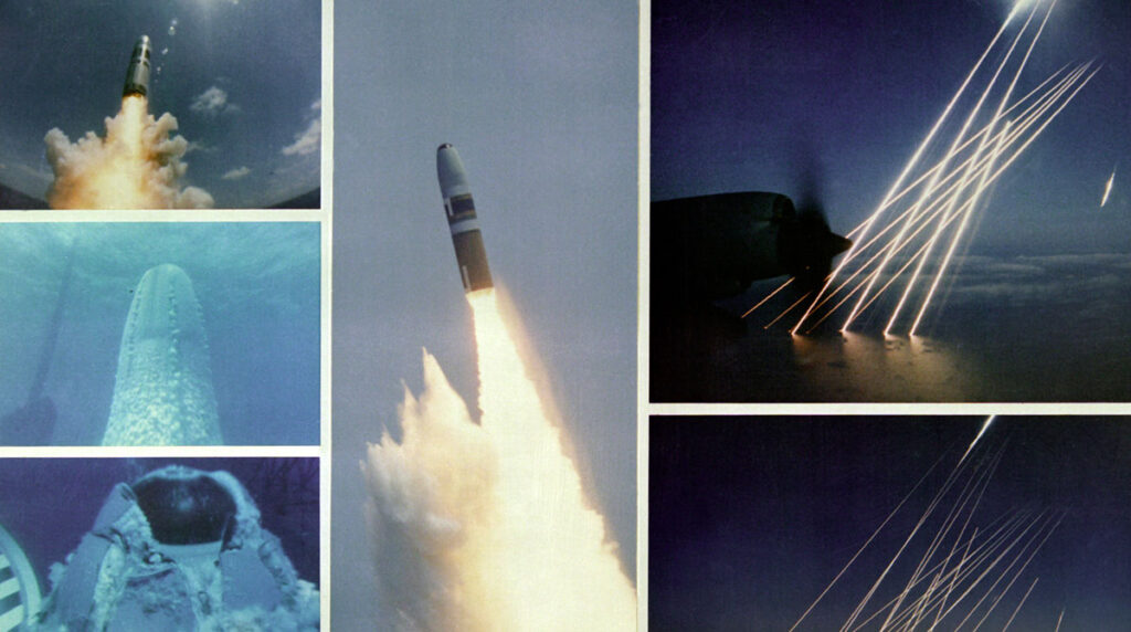 A montage of the Trident I C-4 missile launch from the <em>USS Francis Scott Key</em> on October 2, 1981 (Wikimedia Commons)
