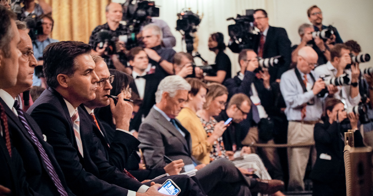 Journalists at the joint press conference of President Trump and Finland's President Niinistö, October 2019 (Flickr/TPKanslia)