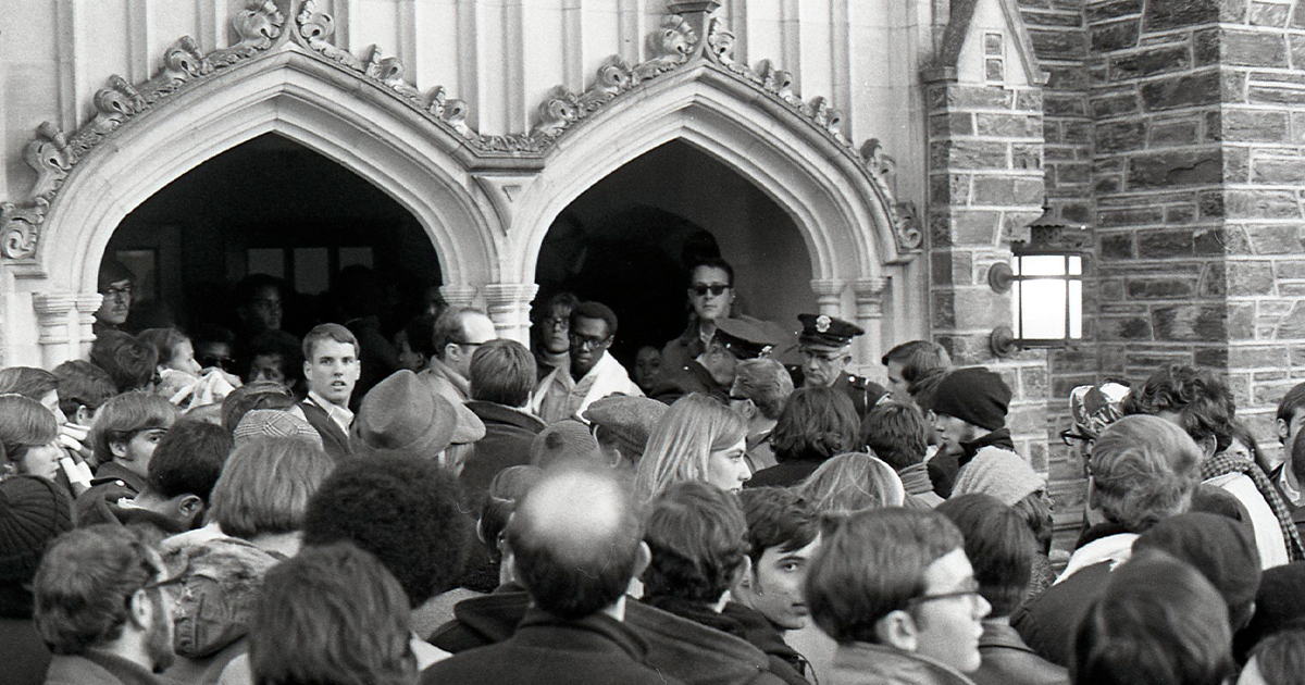 A scene from the Allen Building takeover at Duke University in 1969 (Flickr/Duke University Archives)