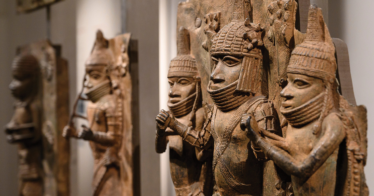 Some of the Benin Bronzes, which the British took from western Africa in 1897, are displayed in the British Museum. (Adam Eastland/Alamy)