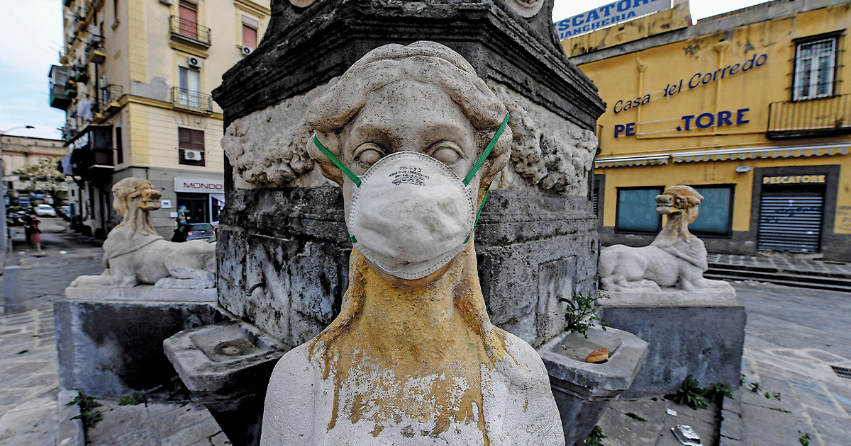 In Naples, the pandemic has not been contained in spite of lockdowns that emptied spaces such as the Piazza del Mercato. (Independent Photo Agency SRL/Alamy)
