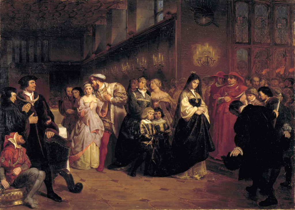 <em>The Courtship of Anne Boleyn</em> (1846) by Emanuel Gottlieb Leutze depicts King Henry VIII of England wooing his mistress, Anne Boleyn, just steps behind his then-wife, Queen Catherine of Aragon. (Smithsonian American Art Museum/Wikimedia Commons)