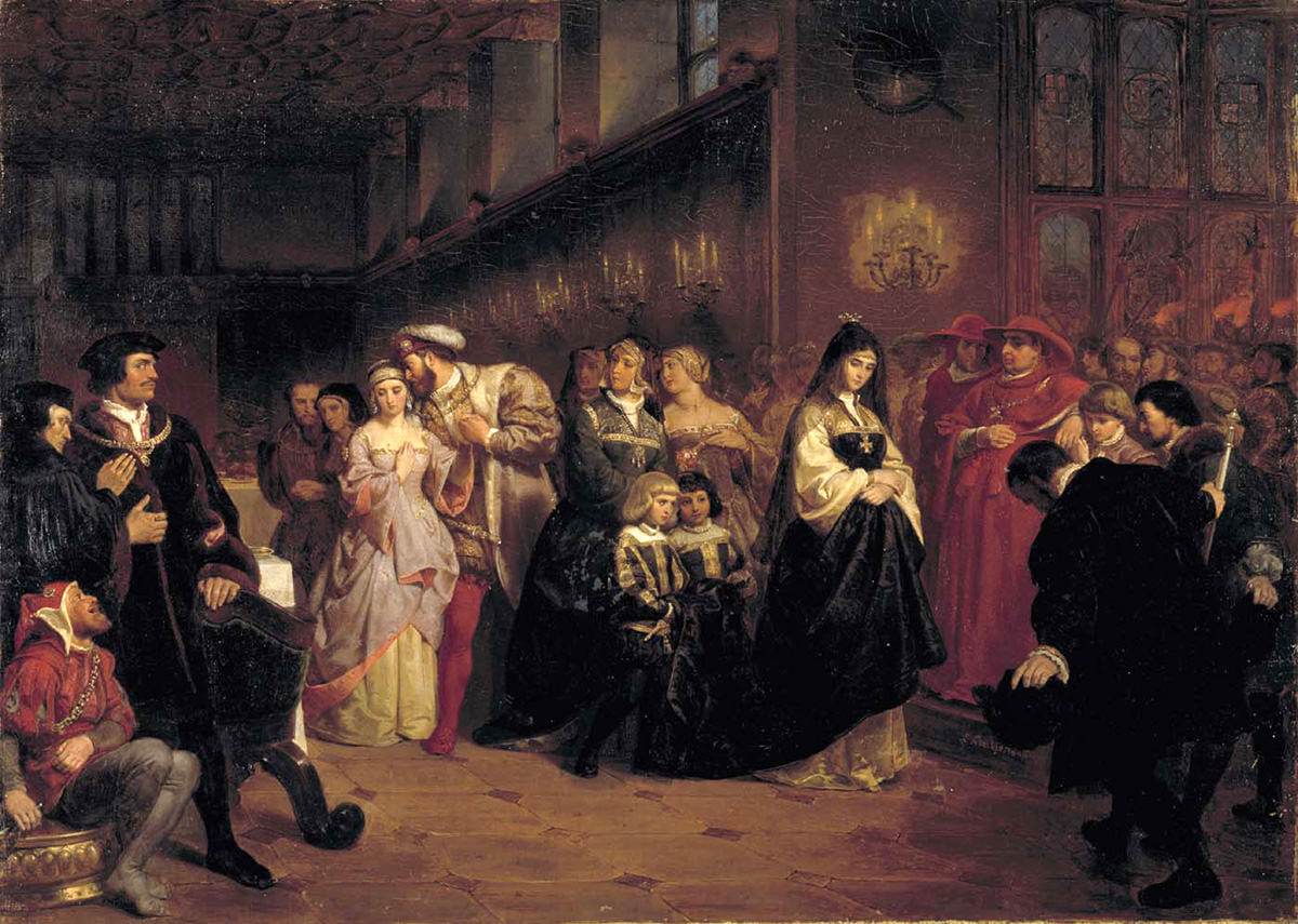 The Courtship of Anne Boleyn (1846) by Emanuel Gottlieb Leutze depicts King Henry VIII of England wooing his mistress, Anne Boleyn, just steps behind his then-wife, Queen Catherine of Aragon. (Smithsonian American Art Museum/Wikimedia Commons)
