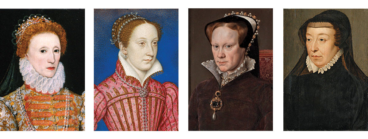 From left: Elizabeth I, Mary Stuart, Mary Tudor, and Catherine de’ Medici (Wikimedia Commons)