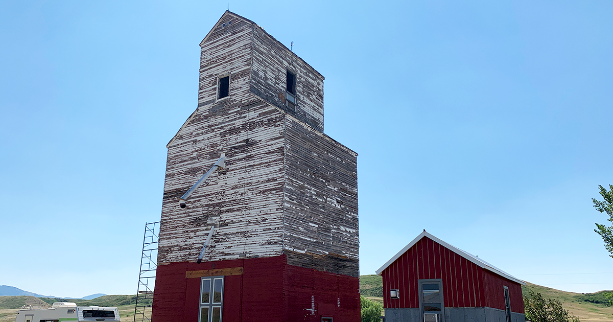 This 110 year-old wooden grain elevator is in the community of Big Sag, near Highwood, Montana. (Photo courtesy of the author)