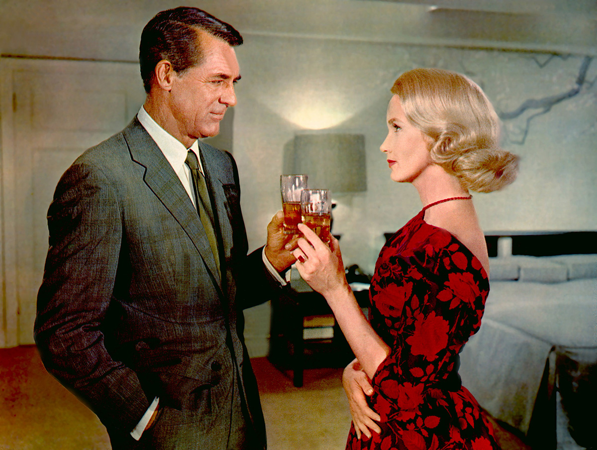 At a Chicago hotel, Roger (Cary Grant) eyes Eve (Eva Marie Saint) with suspicion, having foiled her attempt to elude him. (Everett Collection)