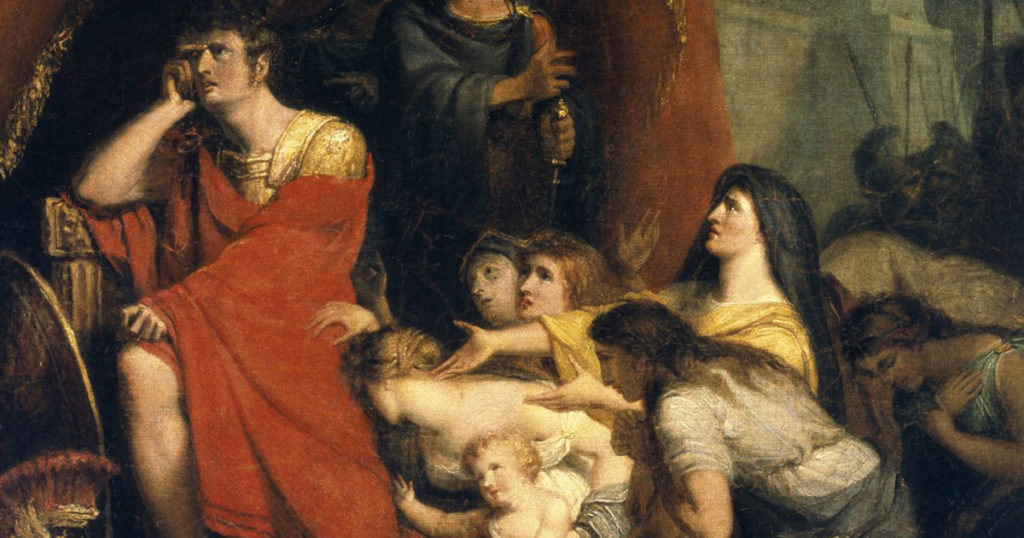 Detail from an 1800 painting by Richard Westall of Volumnia pleading with Coriolanus not to destroy Rome (Wikimedia Commons)