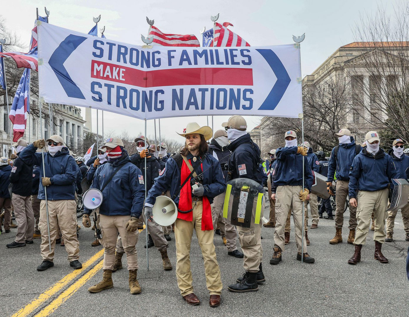 Thomas Rousseau, founder of Patriot Front, leads the group during the 49th Annual March for Life in Washington, D.C., on January 21, 2022 (Jemal Countess/UPI/Alamy)