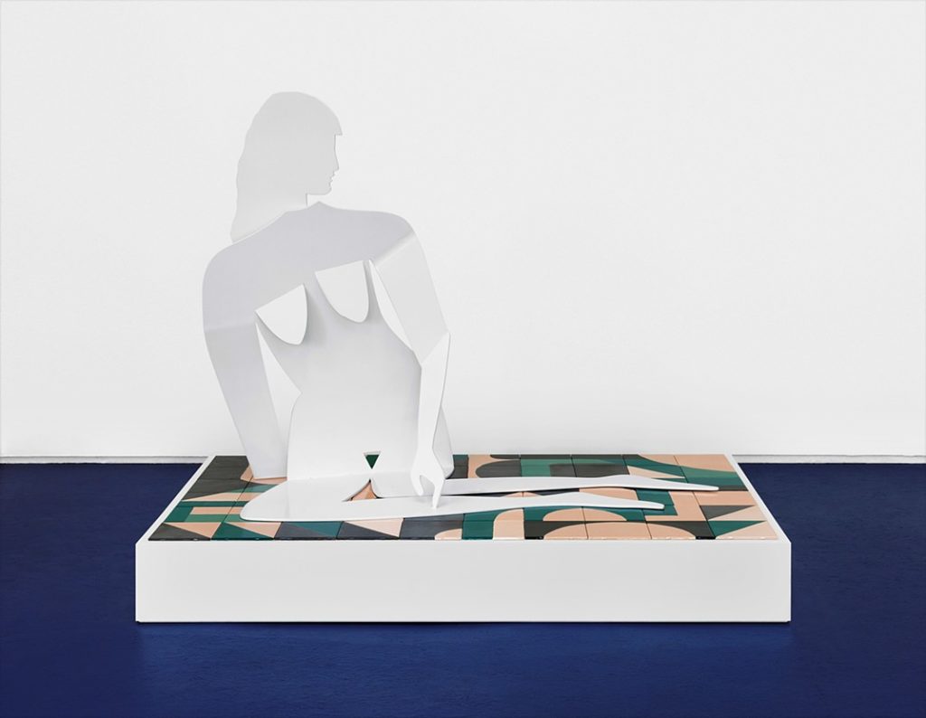 <em>Sitting Figure</em>, 2021, hand painted ceramic tiles, powder coated aluminum. 
