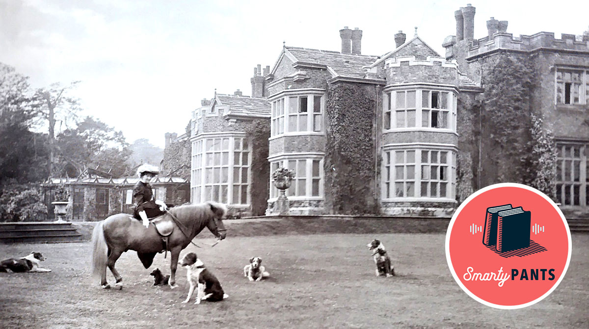 Lady Susan Hopwood and her dogs on the front lawn of Hopwood Hall in the 1800s
