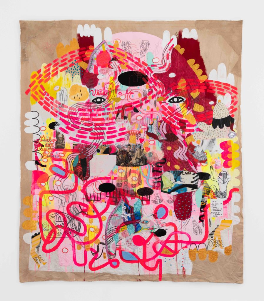 <em>Pa Yaso</em>, 2022, mixed-media on hand dyed canvas collage, 95 1/2 × 80 3/4 × 1 inches. (Image courtesy of the artist and SOCO Gallery.)