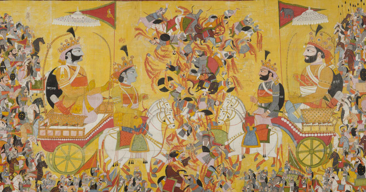 Painting depicting a battle between Arjuna and Krishna, the final battle of the Mahabharata epic, ca. 1820 (Wikimedia Commons)