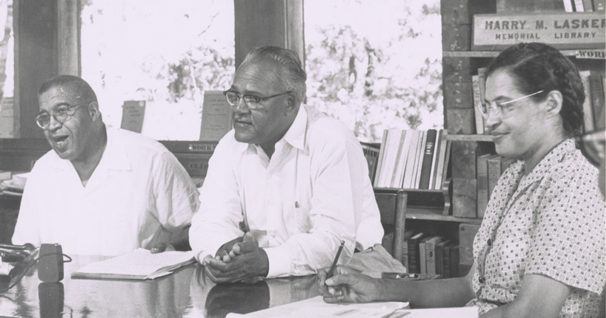 From left: Dr. Fred Paterson, president of the Tuskegee Institute; James Johnson, and Rosa Parks meeting at the Highlander Folk School in Monteagle, Tennessee (Library of Congress)