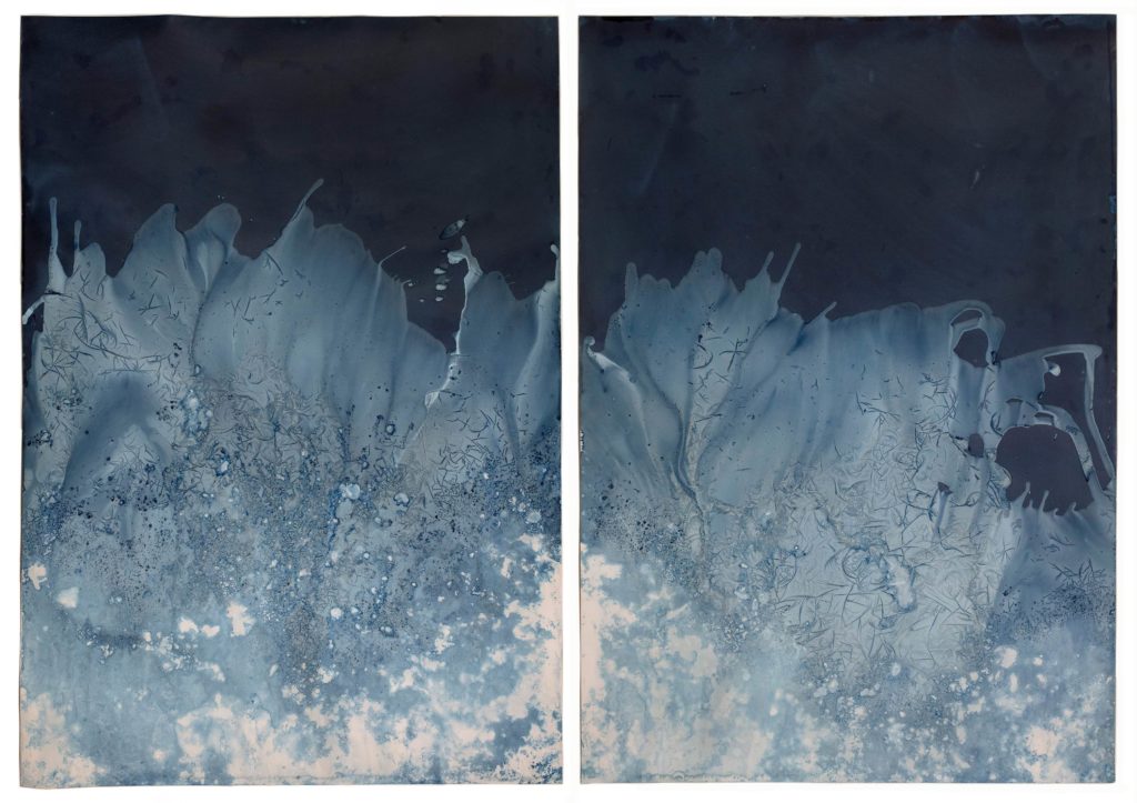 Meghann Riepenhoff, <em>Ice #31 (32-40°F, Ephemeral Stream and Waterfall, WA 01.15.20)</em>, 2020, two dynamic cyanotypes, approximately 60” x 42” each. (© Meghann Riepenhoff, Courtesy Yossi Milo Gallery, New York)