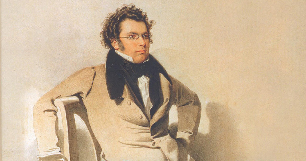 Close-up of cover of <em>Schubert. Schubert?</em> sheet music composed by Gernot Gruber (Wikimedia Commons)