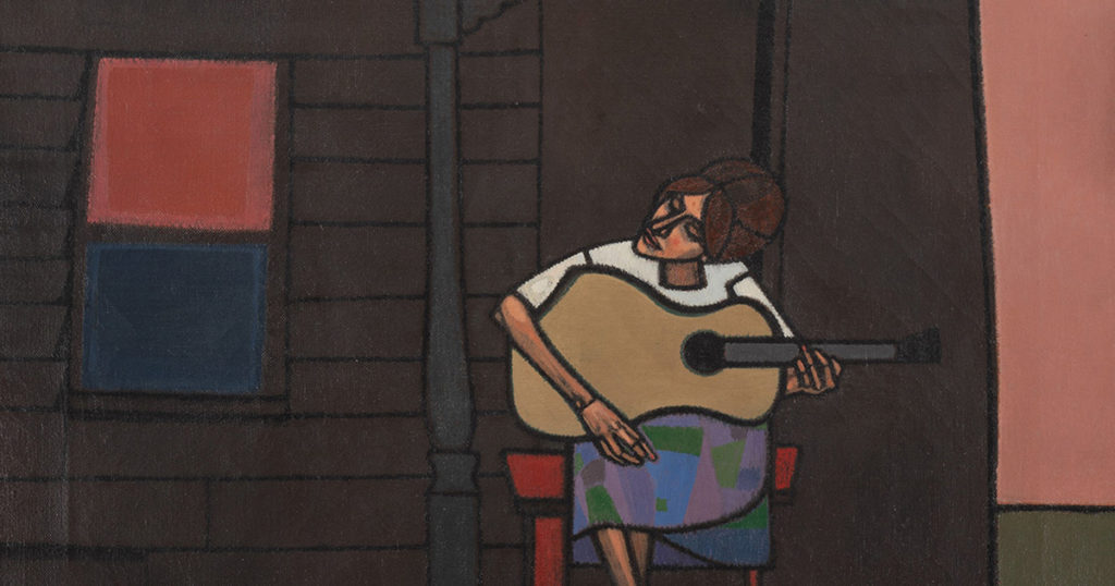 <em>Girl with Guitar,</em> 1965, Robert Gwathmey, Oil on canvas (Catherine Dail Fine Art, New York and Los Angeles. ©2022 Estate of Robert Gwathmey/licensed by VAGA at Artists Rights Society [ARS], New York)