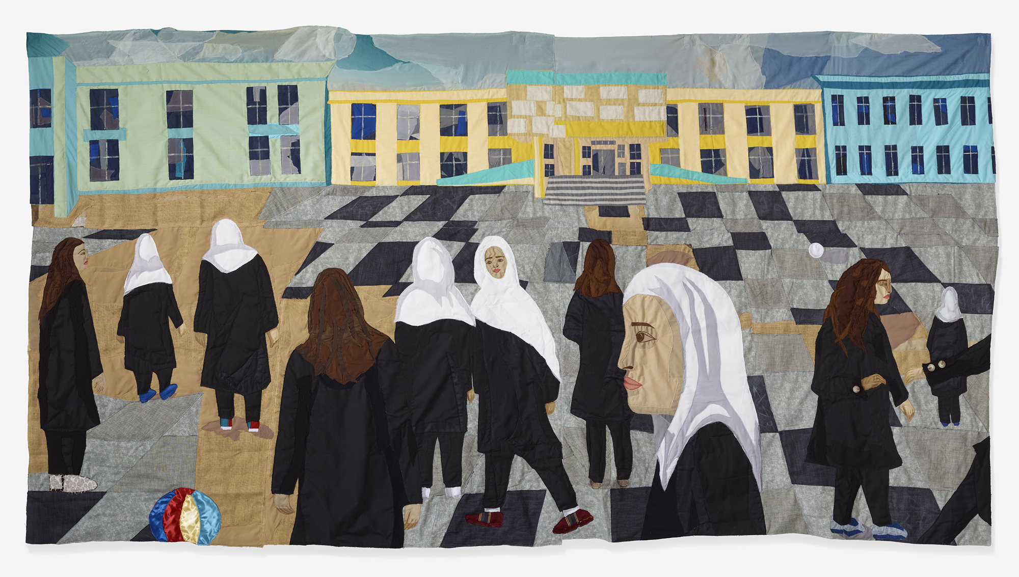 Recess 2022, muslin, cotton, chiffon, polyester, faux leather, denim, burlap, colored pencil on fabric, acrylic paint, velvet, and found fabric – 70.5