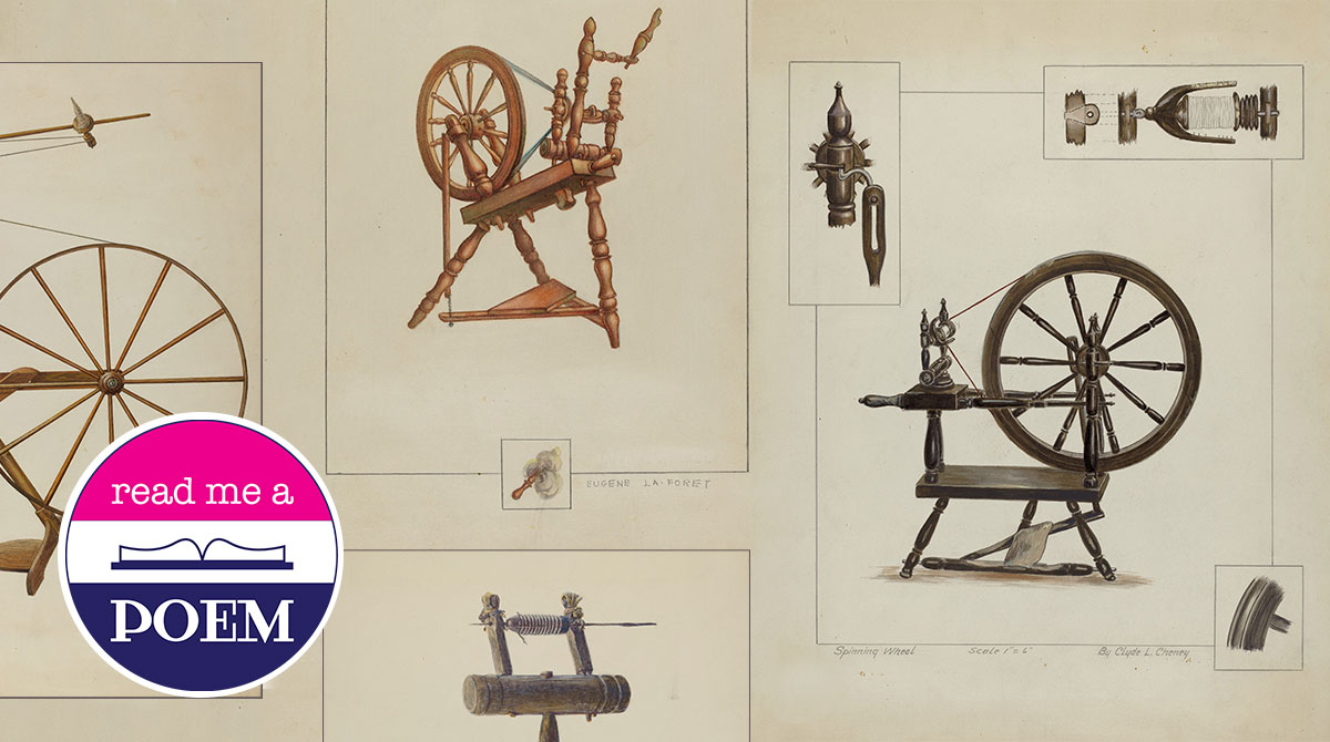 Clockwise from far left: sketches of spinning wheels by Oscar Bluhme (1941), Eugene La Foret (1935/1942), Clyde L. Cheney (1935/1942), and Maud M. Holme (c. 1938) from the Index of American Design