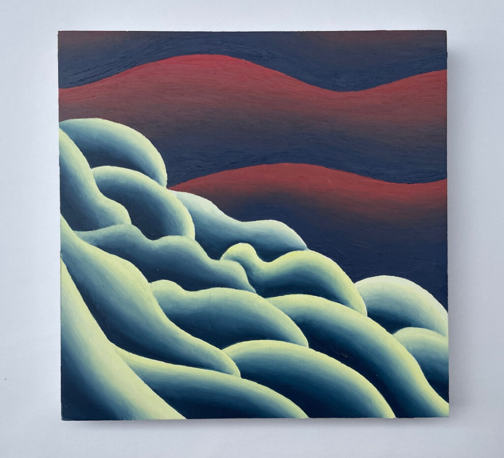 <em>Red Sky</em>, 2023, water-soluble oil on wood panel, 8 x 8 inches.