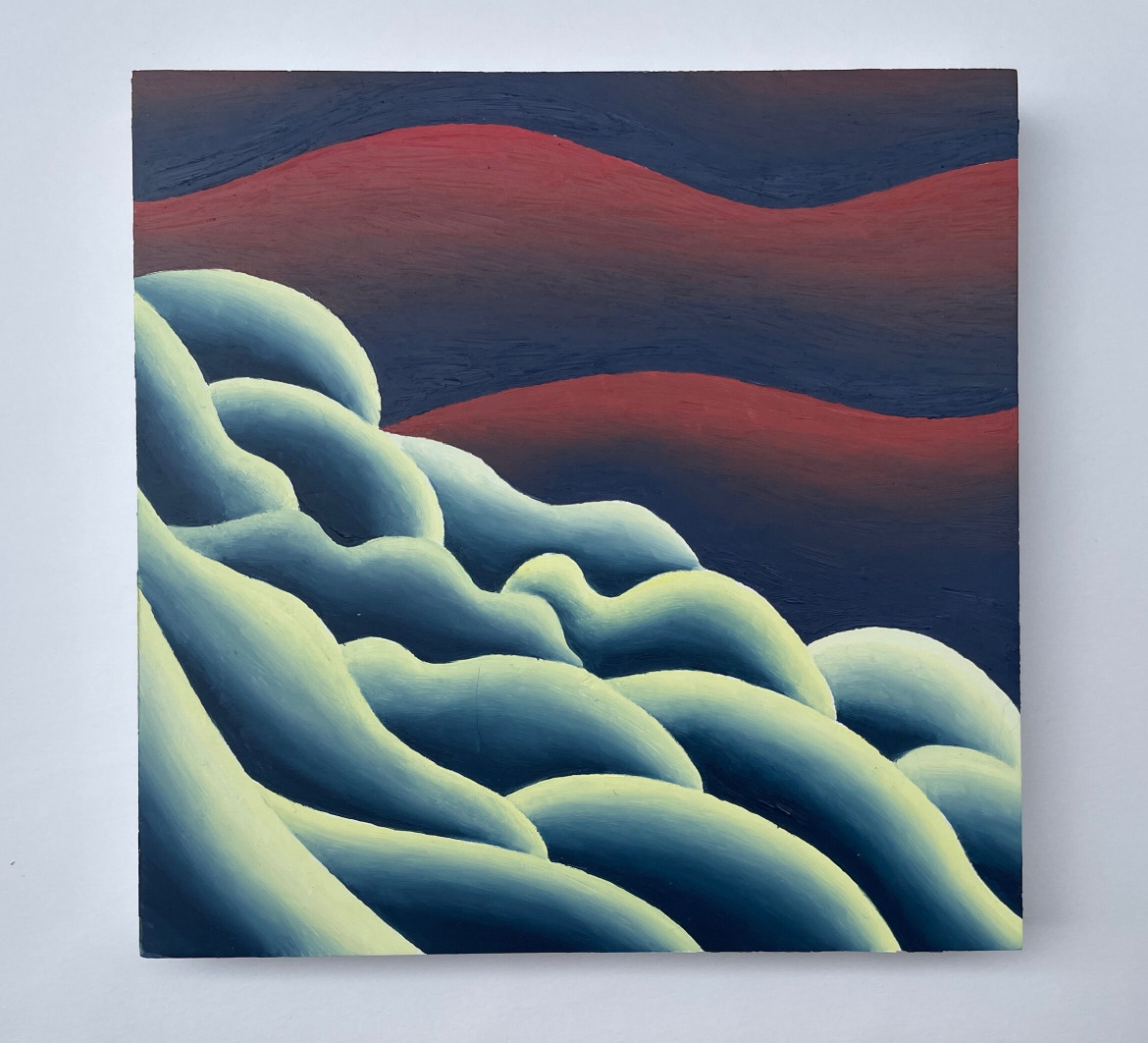 Red Sky, 2023, water-soluble oil on wood panel, 8 x 8 inches.