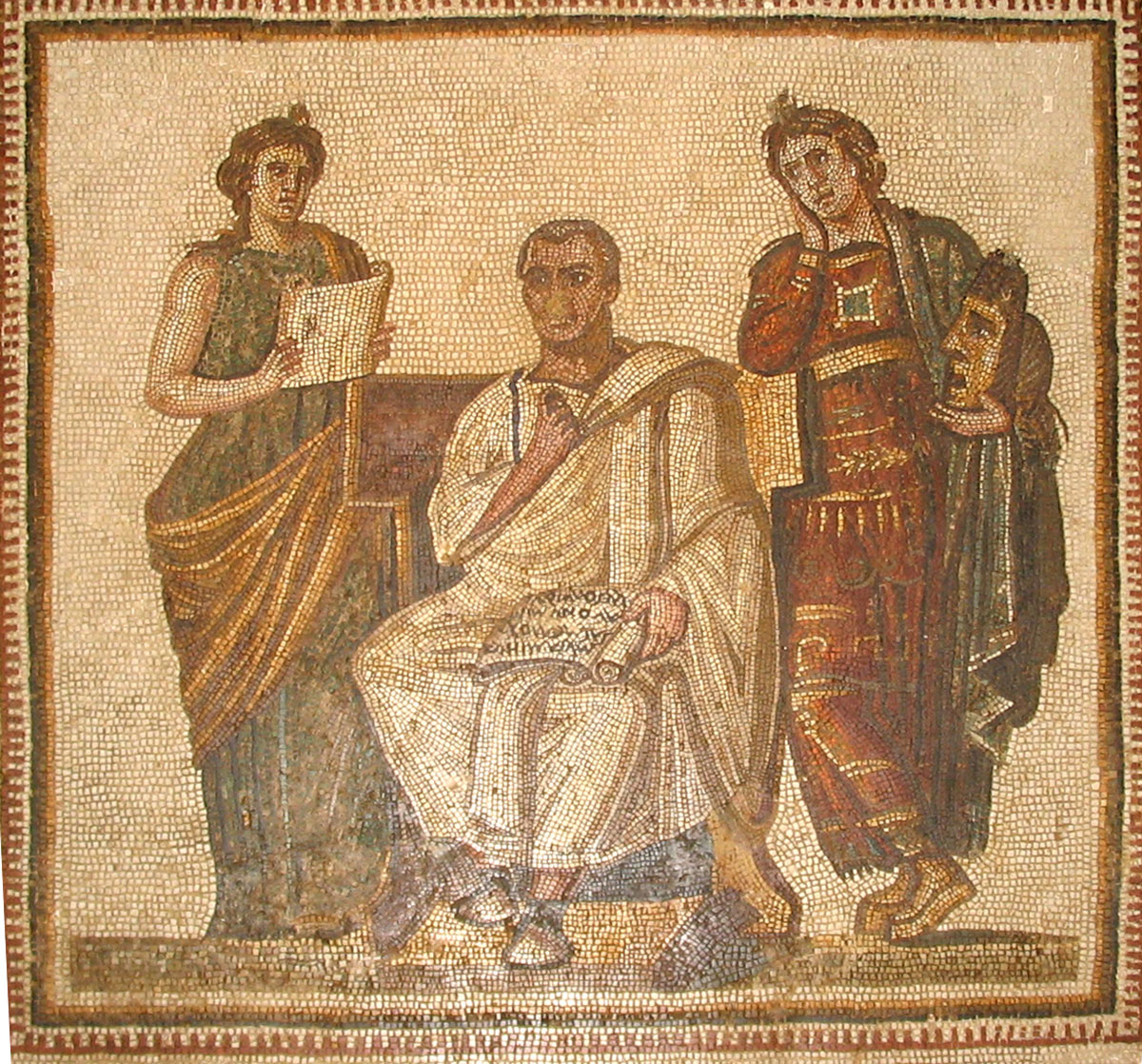 A third-century Tunisian mosaic depicts Vergil seated between muses Clio and Melpomene. (Bardo National Museum/Wikimedia Commons)