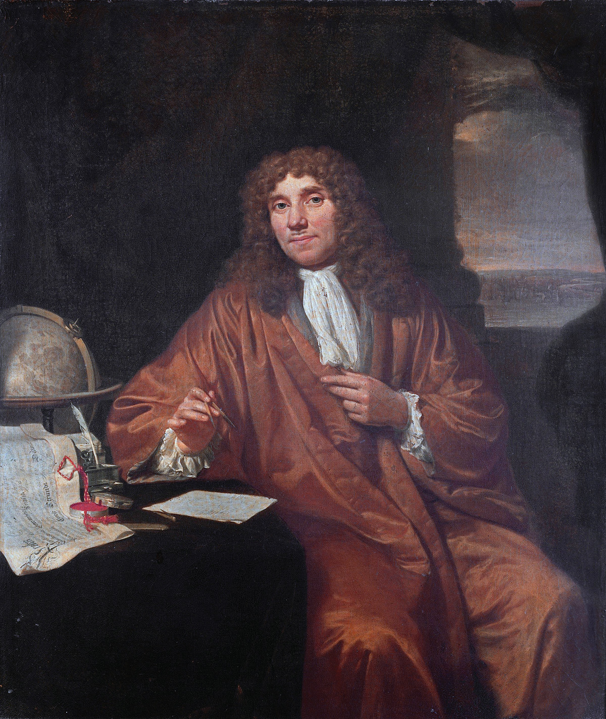 Antoni van Leeuwenhoek, in a circa 1680 painting by the Dutch artist Jan Verkolje, famous for his portraits of prominent members of Delft society (Wikimedia Commons)