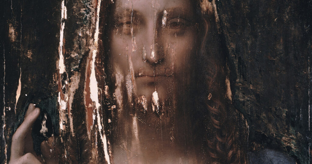 The <em>Salvator Mundi</em> in its damaged state—cleaned but not yet restored (Wikimedia Commons)