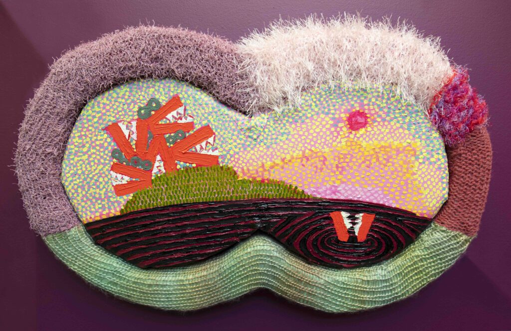 <em>Binocular Viewpoint: Teeth Sharp With A False Utopia</em>, 2022, oil on canvas and fabric wrapped upholstery foam, 18 in x 24 in x 3 inches.