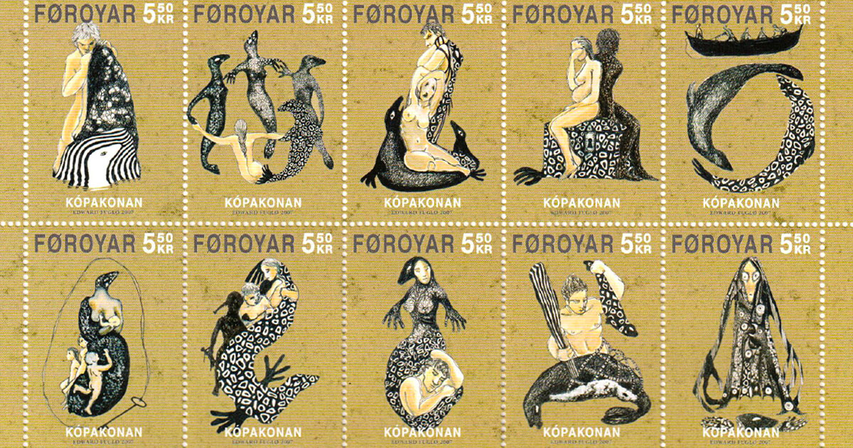 A 2007 series of Faroe Island stamps, designed by artist Edward Fuglø, depict the silkie myth (Wikimedia Commons)