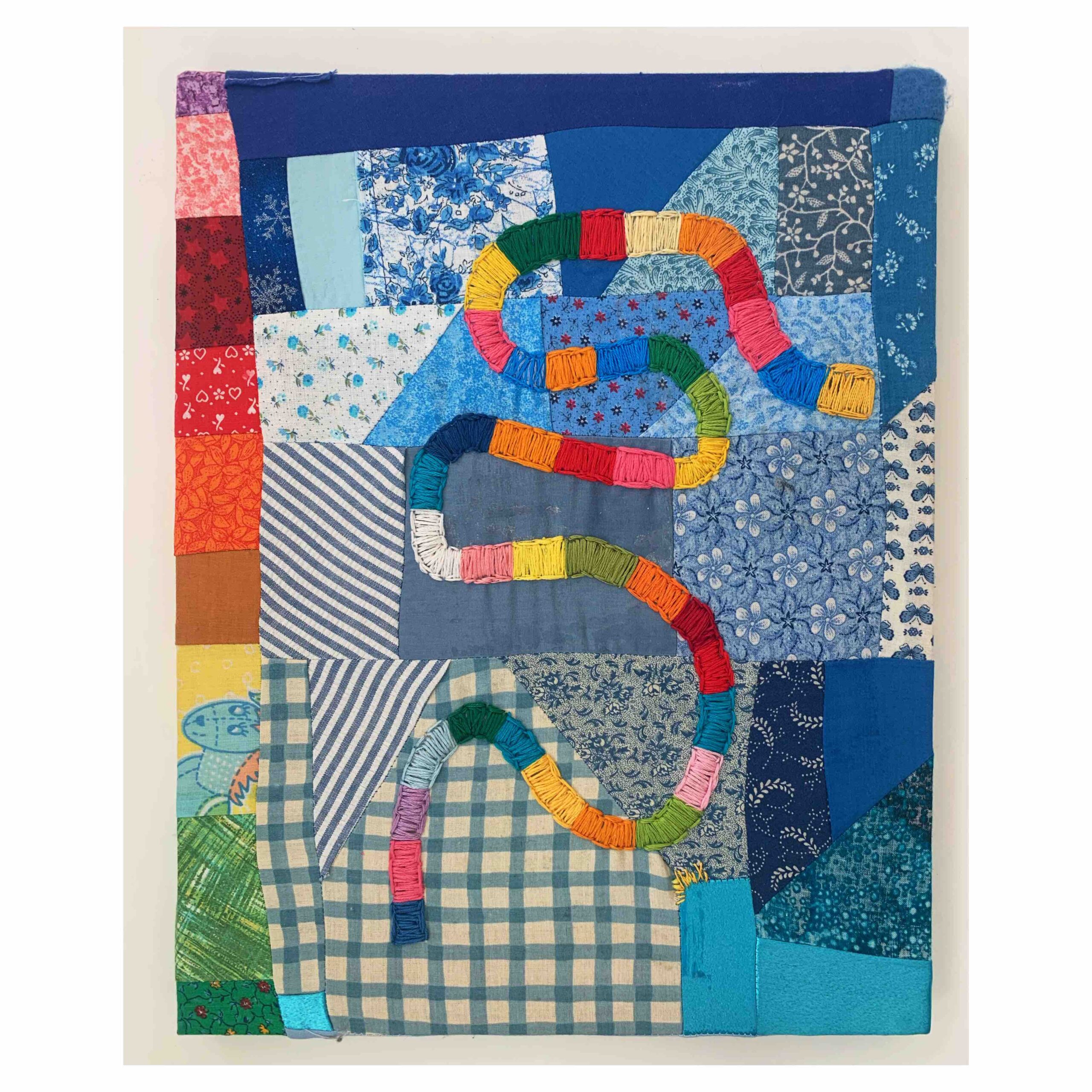 Candy Land, 2022, embroidery on pieced found fabrics, 11 x 14 inches.