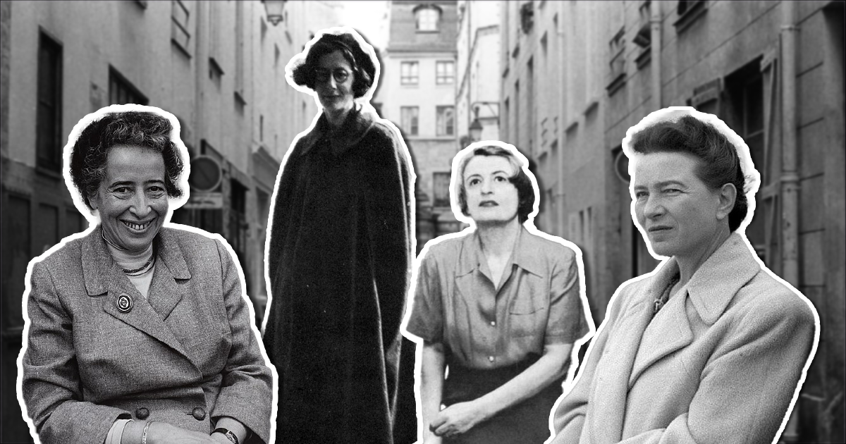 From left: Hannah Arendt, Simone Weil, Ayn Rand, Simone de Beauvoir (Background: Amélien Bayle/Flickr, figures: Wikimedia Commons)