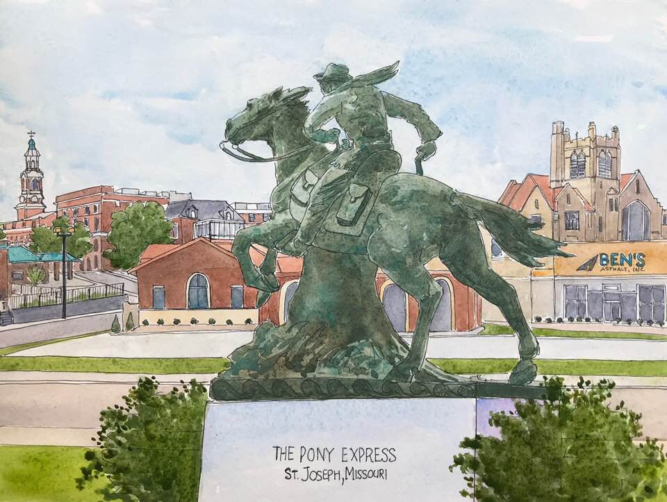 Pony Express Statue, 2018, pen and watercolor, 9 x 12 inches.