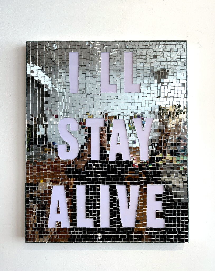 <em>Study for Disco Affirmation (as long as I know how to love, I know I'll stay alive)</em>, 2023, Glass tiles and Acrylic on Wood Panel, 30 x 24 x 1.75 inches. (Image courtesy of the artist.)