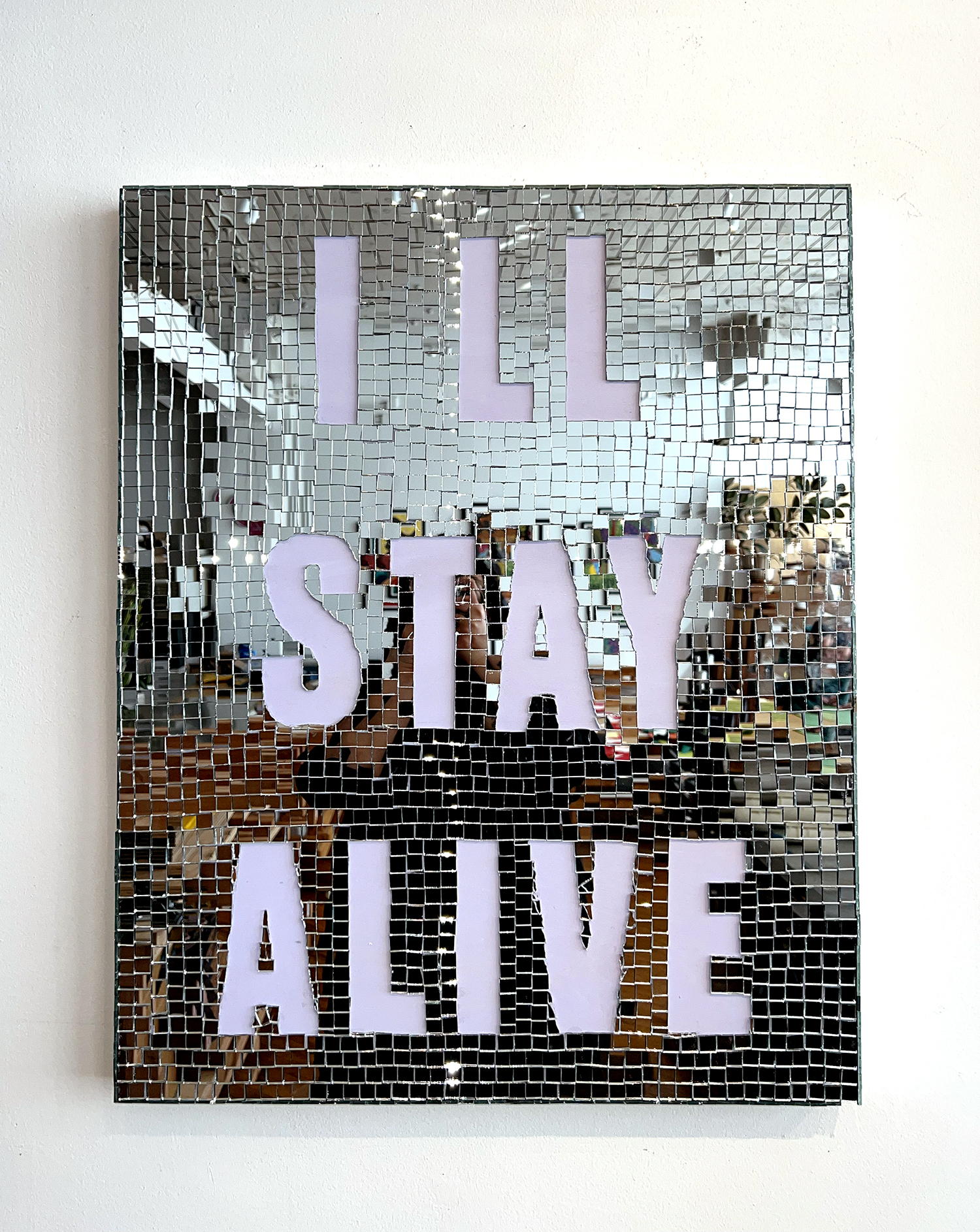 Study for Disco Affirmation (as long as I know how to love, I know I'll stay alive), 2023, Glass tiles and Acrylic on Wood Panel, 30 x 24 x 1.75 inches. (Image courtesy of the artist.)